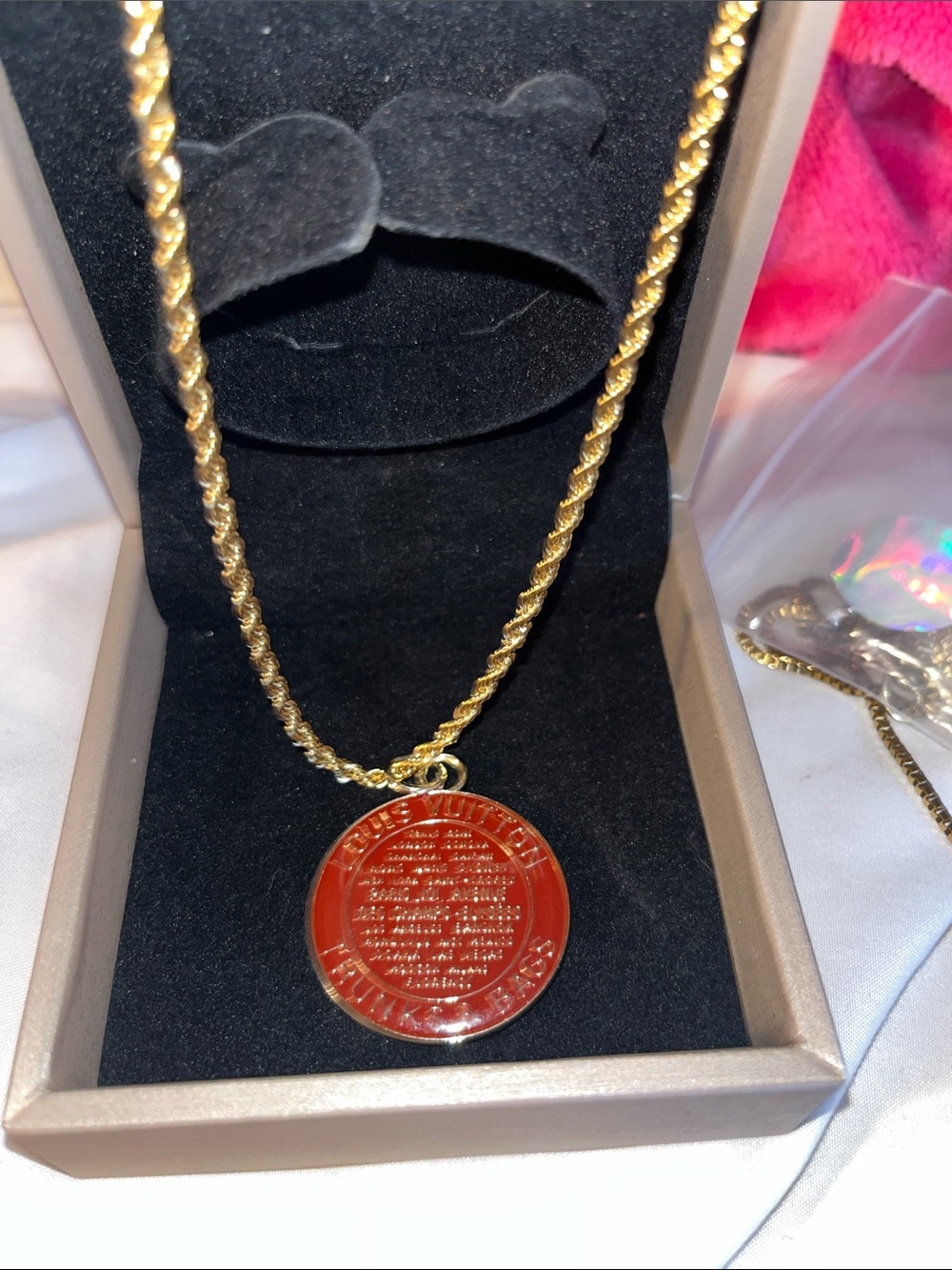 Gold Rope Chain Necklace with Red Enamel Medallion